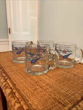 Set of 4 Lenox Clear Glass Mugs in the Poppies on Blue Pattern, Made in USA